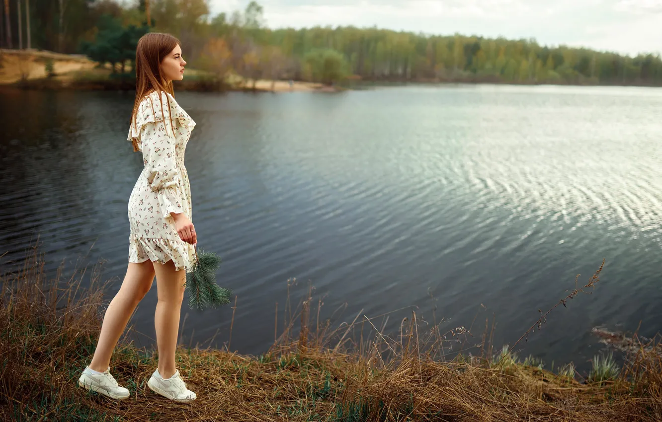 Photo wallpaper look, girl, branches, face, pose, long hair, Sergey Bogatkov