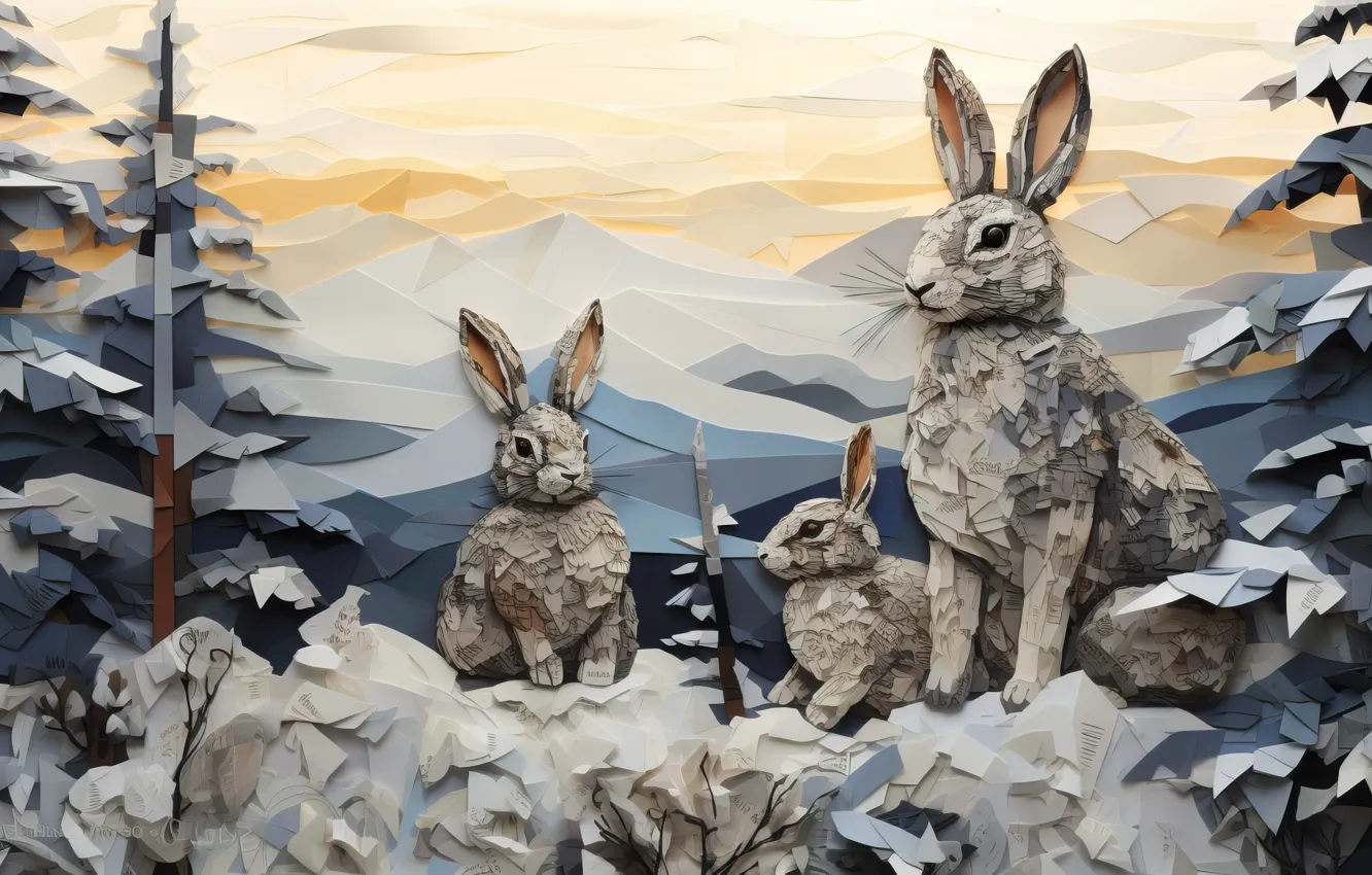 Photo wallpaper winter, snow, style, hare, AI art, neural network