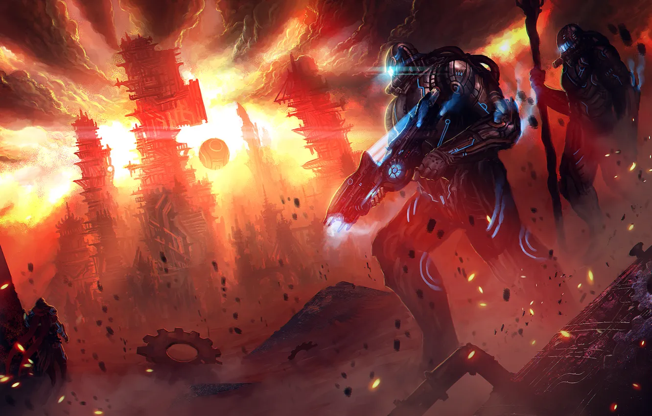 Photo wallpaper the wreckage, the explosion, the city, weapons, war, tower, art