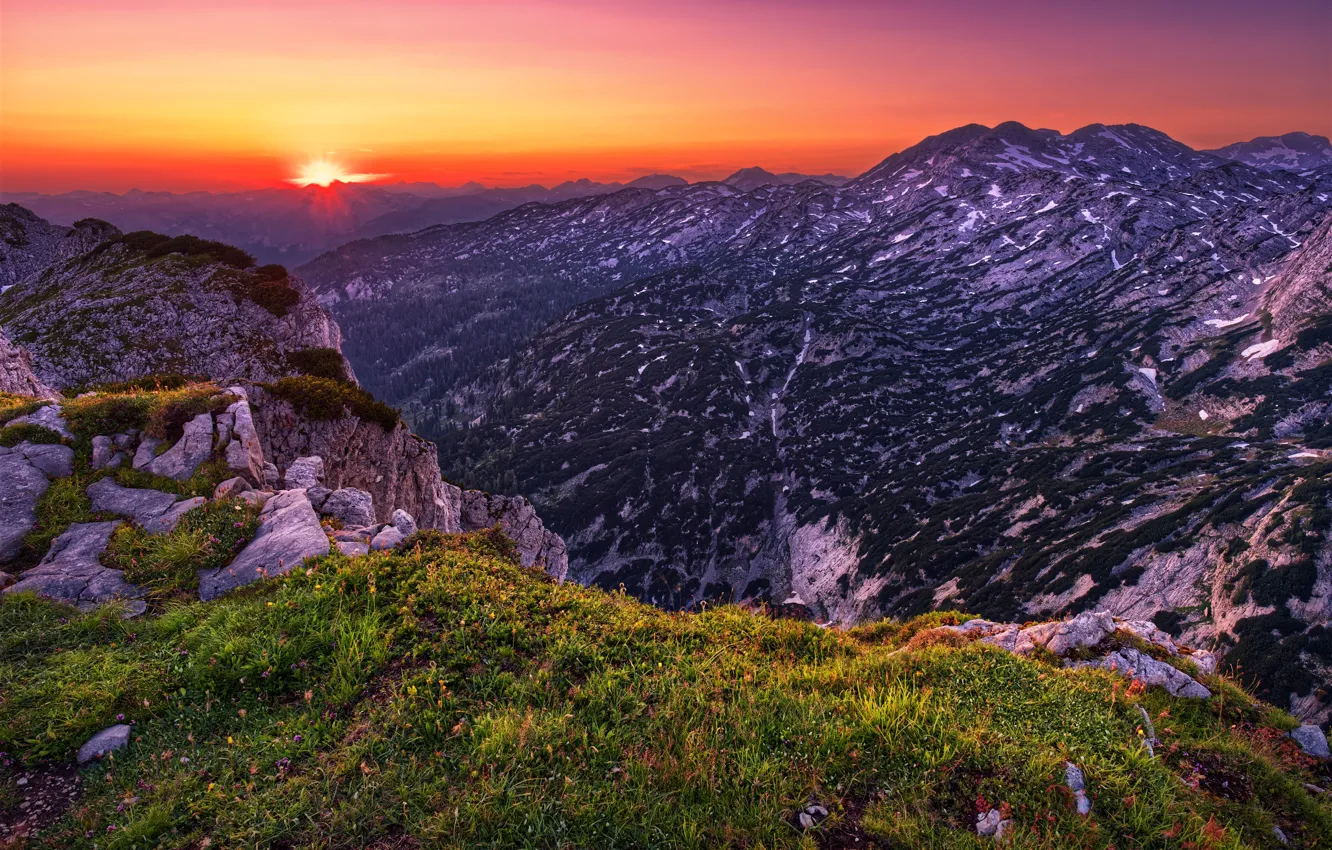 Photo wallpaper Sunset, mountains, Austria, Traweng