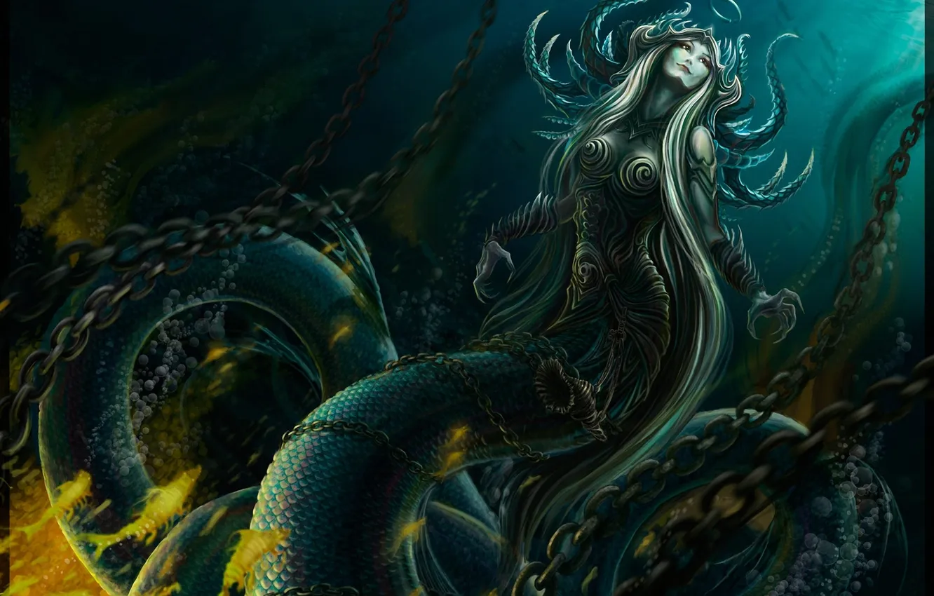 Photo wallpaper girl, snake, art, chain, tail