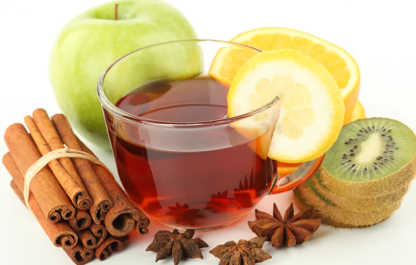 Photo wallpaper lemon, tea, apples, orange, kiwi, cinnamon, Anis