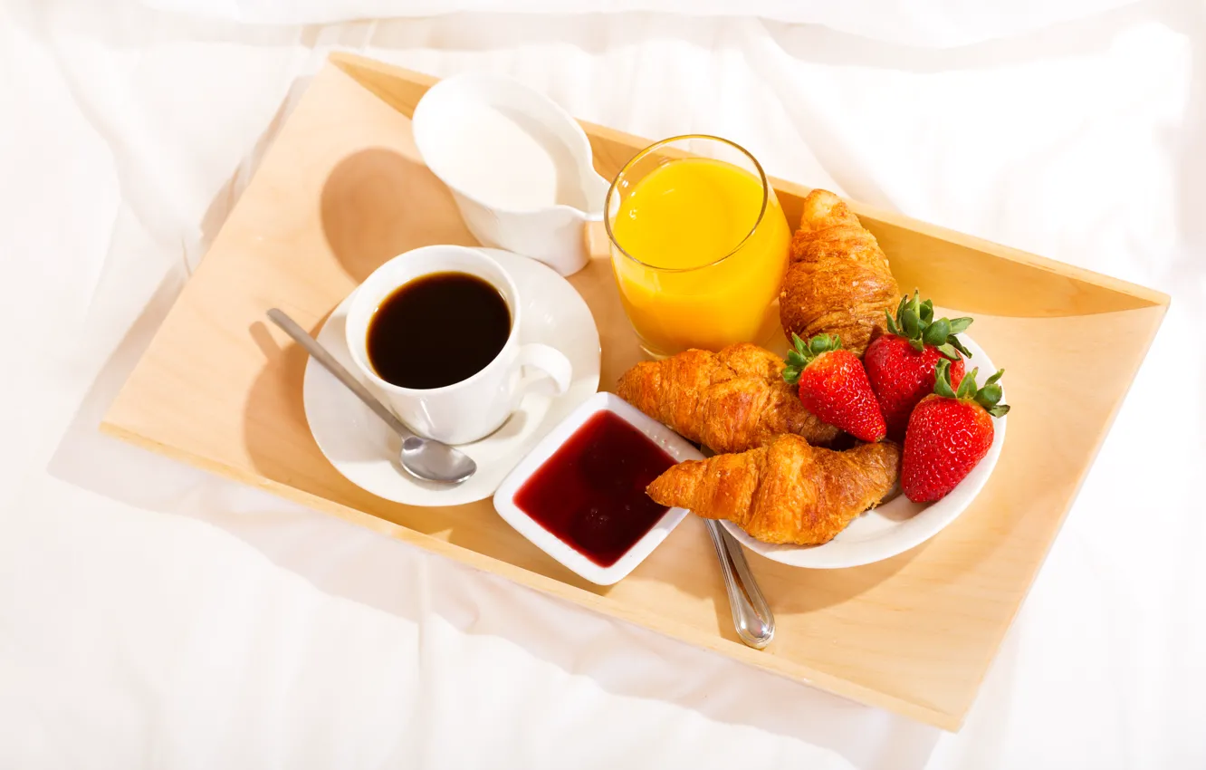 Photo wallpaper coffee, Breakfast, cream, strawberry, juice, cup, jam, tray