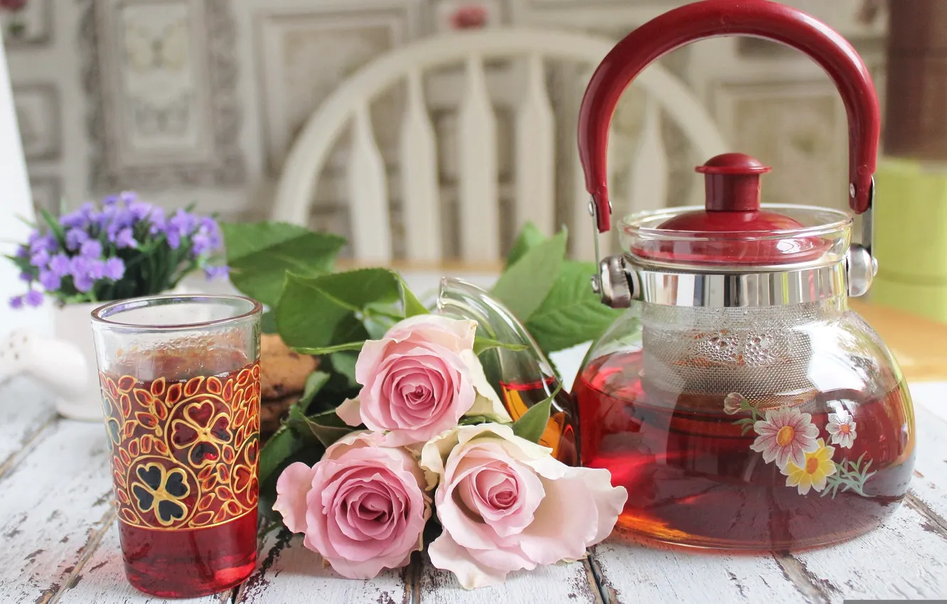 Photo wallpaper tea, roses, kettle, still life