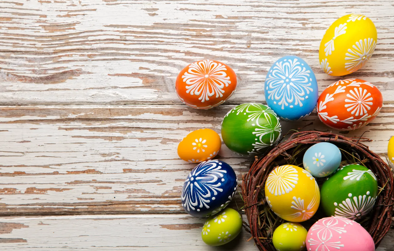 Photo wallpaper colorful, Easter, wood, spring, Easter, eggs, holiday, Happy