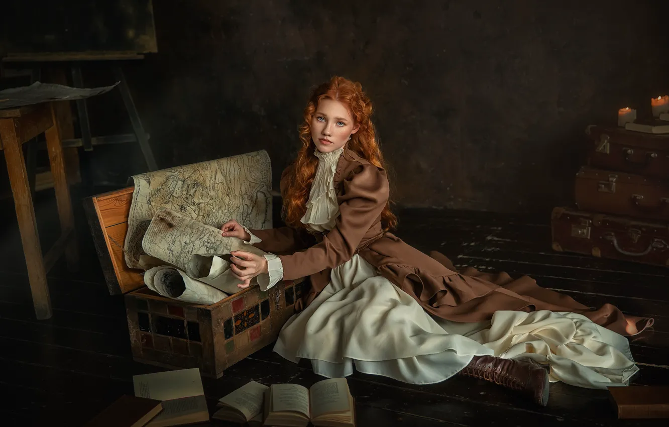 Photo wallpaper look, girl, old, retro, the dark background, room, map, boots