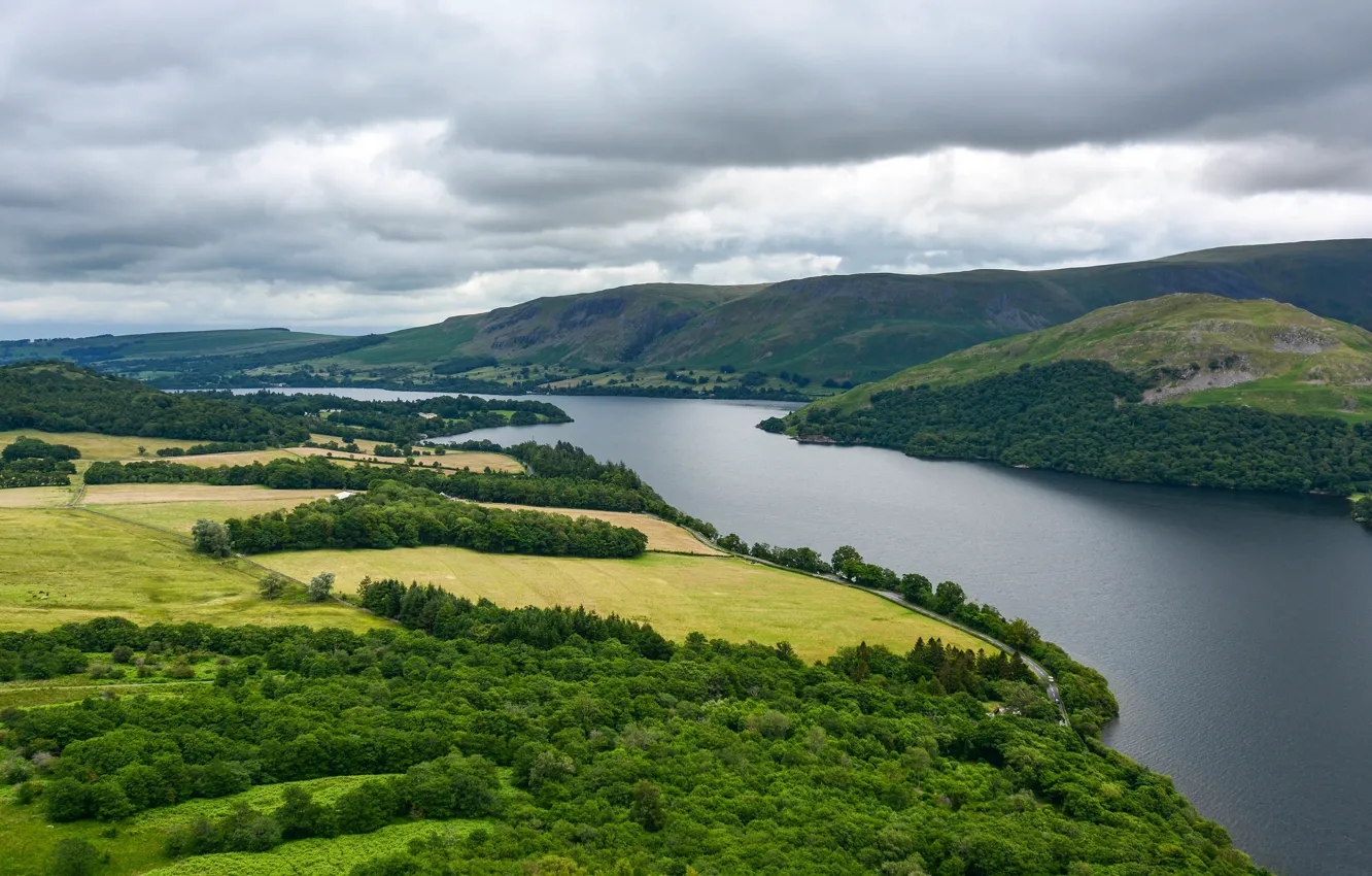 Photo wallpaper mountains, river, hills, shore, vegetation, view, pond