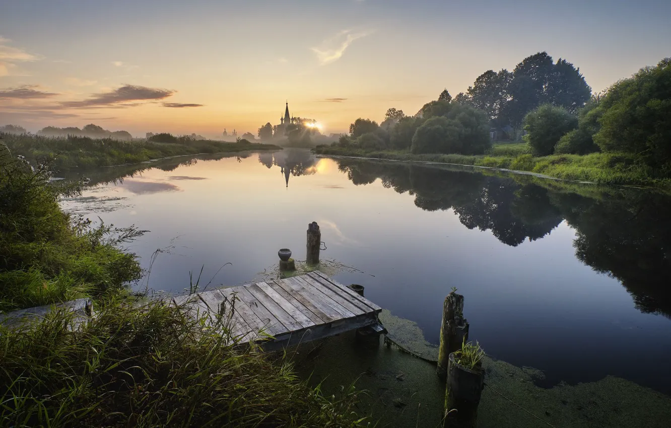 Photo wallpaper summer, grass, the sun, rays, trees, landscape, nature, river