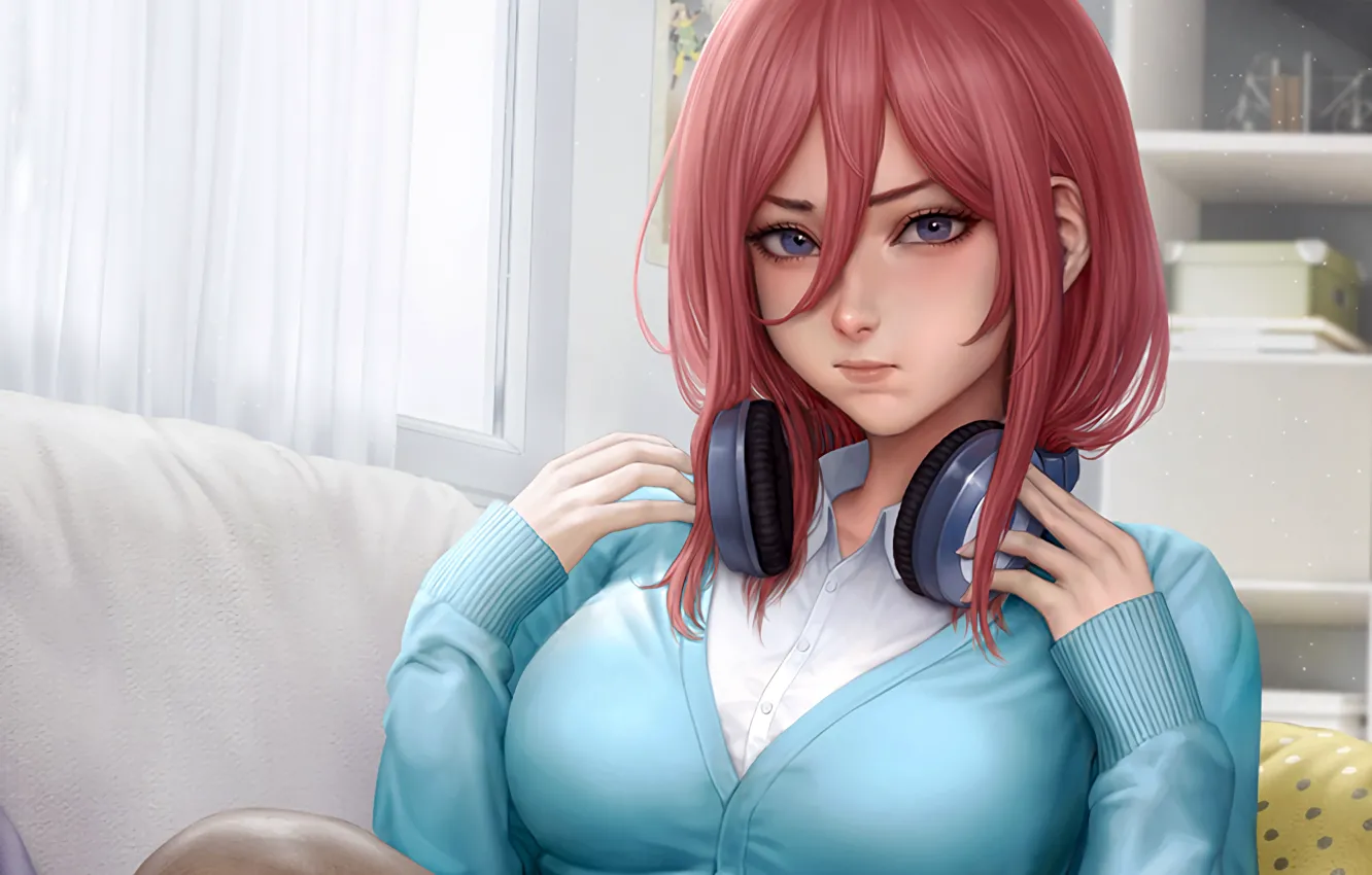 Photo wallpaper girl, sexy, pink hair, long hair, boobs, anime, headphones, beautiful