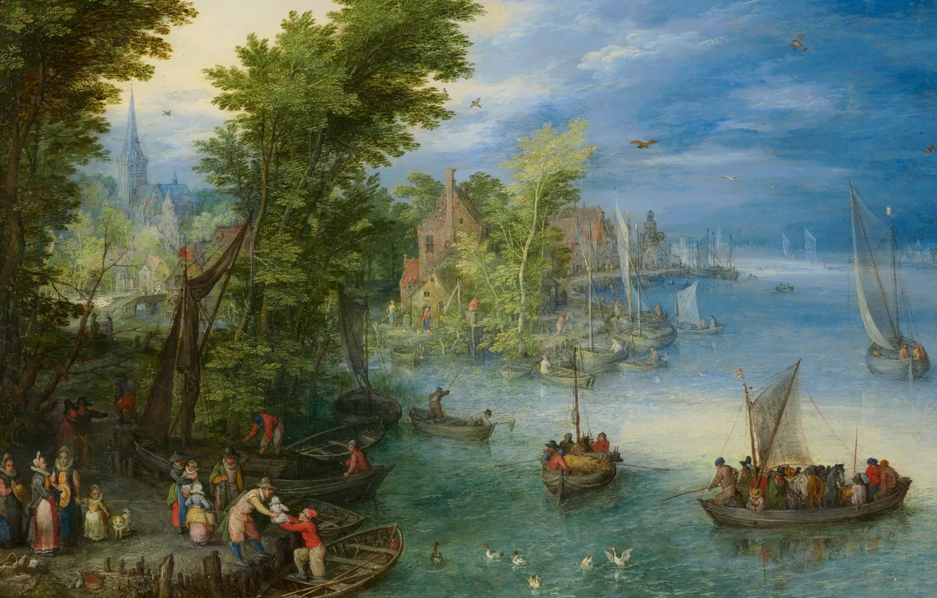 Photo wallpaper people, picture, boats, River Landscape, Jan Brueghel the elder