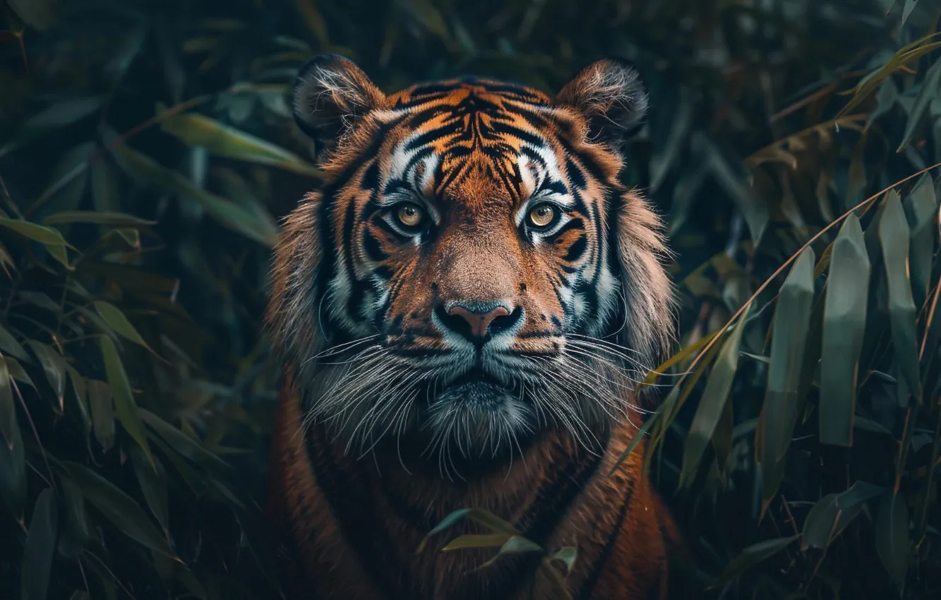 Photo wallpaper look, face, leaves, branches, nature, tiger, the dark background, thickets