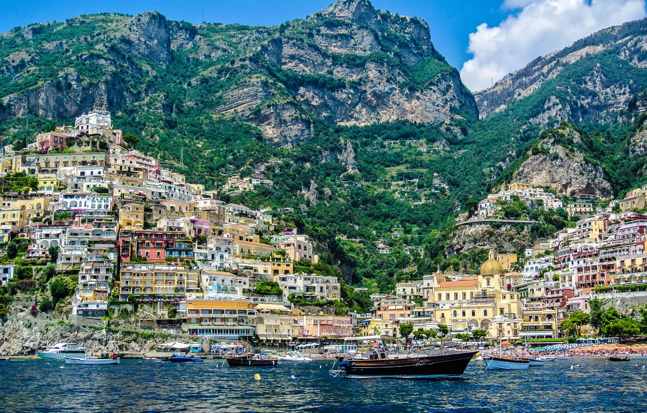 Photo wallpaper sea, trees, mountains, stones, rocks, coast, boat, home