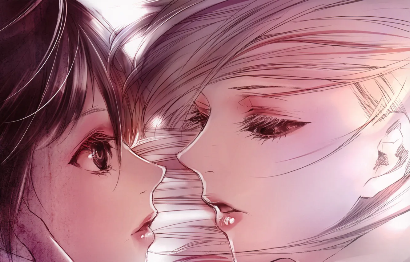 Photo wallpaper close-up, figure, Girls, two, art, almost kiss, Kiyohara Hiro