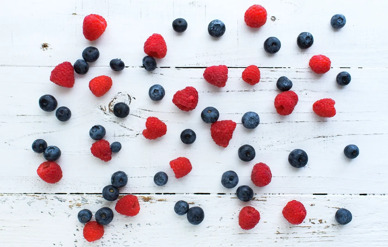 Photo wallpaper berries, raspberry, blueberries, wood