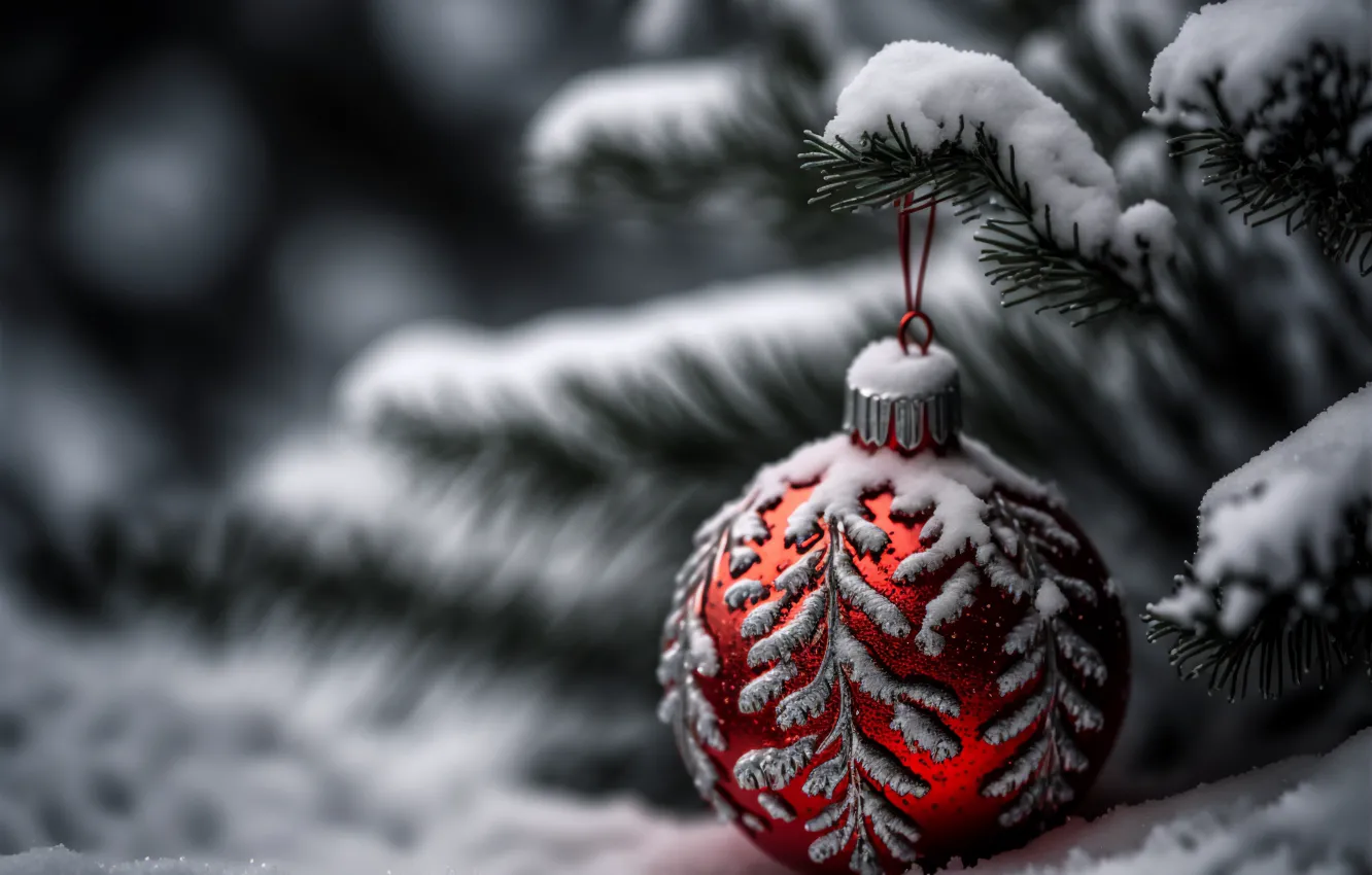 Photo wallpaper snow, New Year, Christmas tree, branch, balloon