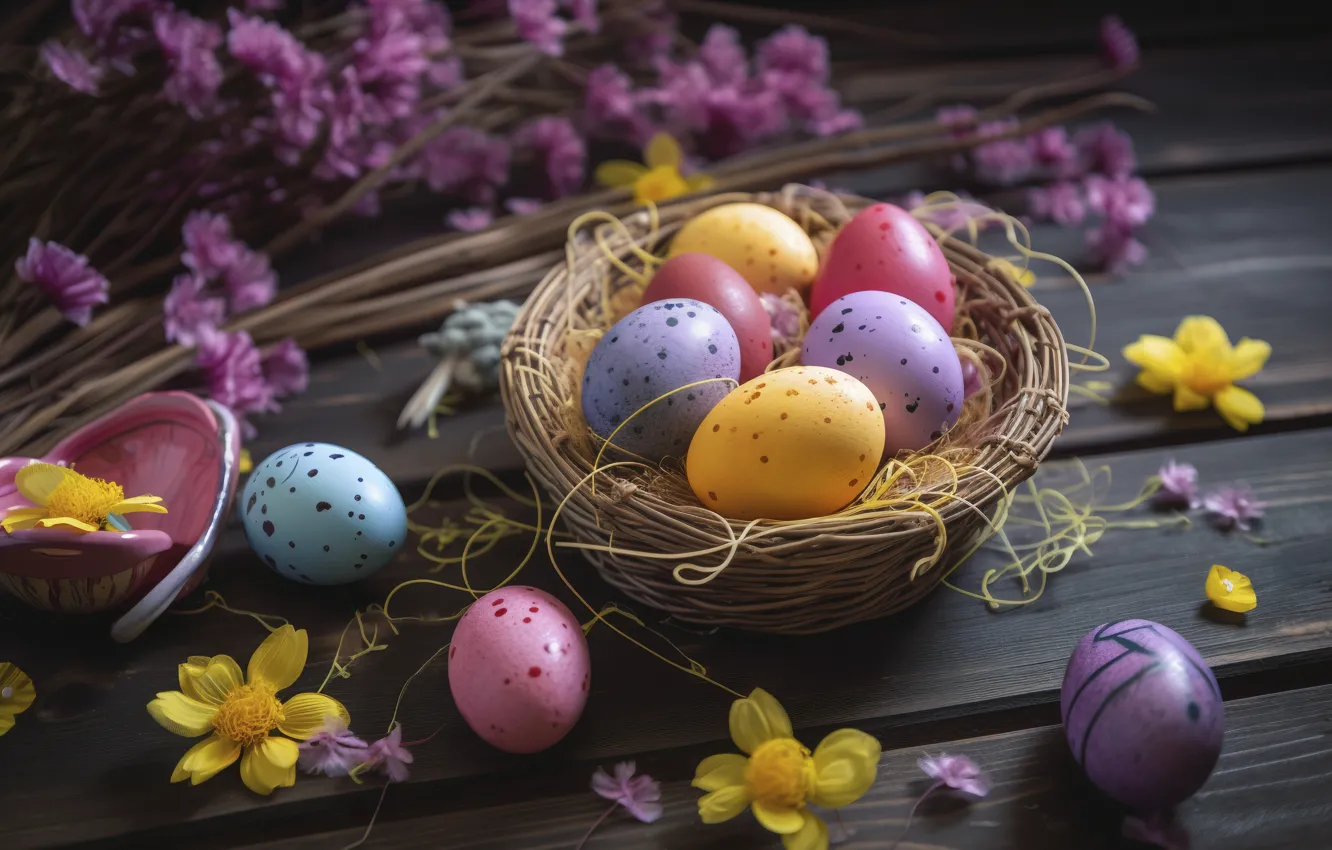 Photo wallpaper flowers, eggs, Easter, socket, colorful, eggs