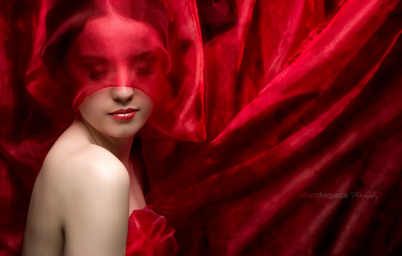 Photo wallpaper red, face, mood, portrait, beauty, mystery, lips, fabric