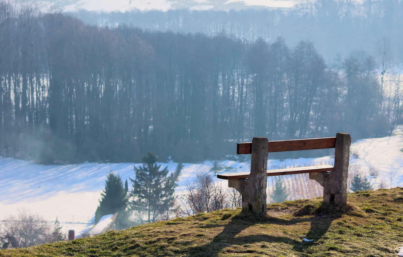 Photo wallpaper winter, snow, bench, nature, shop