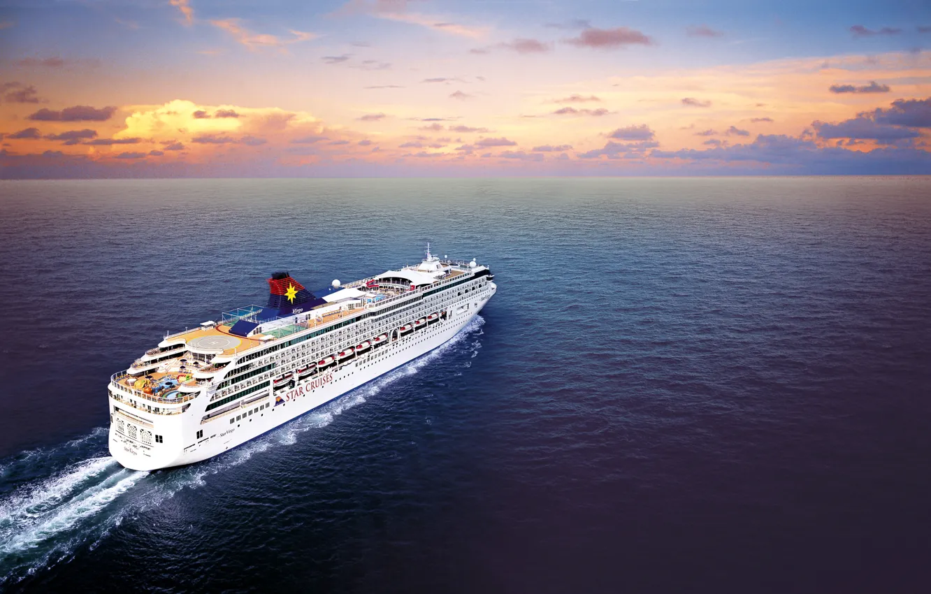 Photo wallpaper The sky, Water, Clouds, Sea, Liner, Dawn, The ship, Passenger
