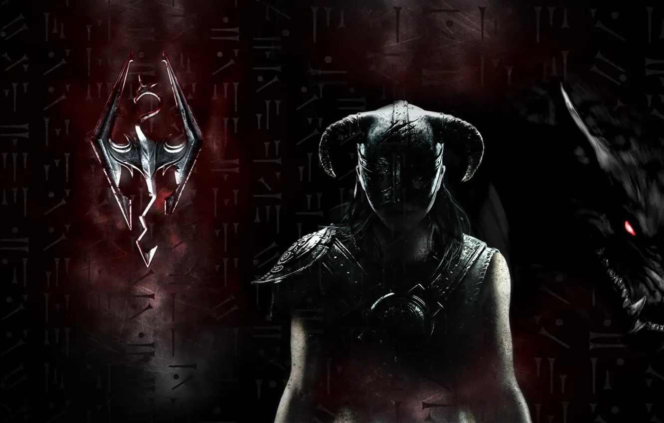 Photo wallpaper blood, logo, game, wolf, dragon, fang, The Elder Scrolls V: Skyrim, The Elder Scrolls