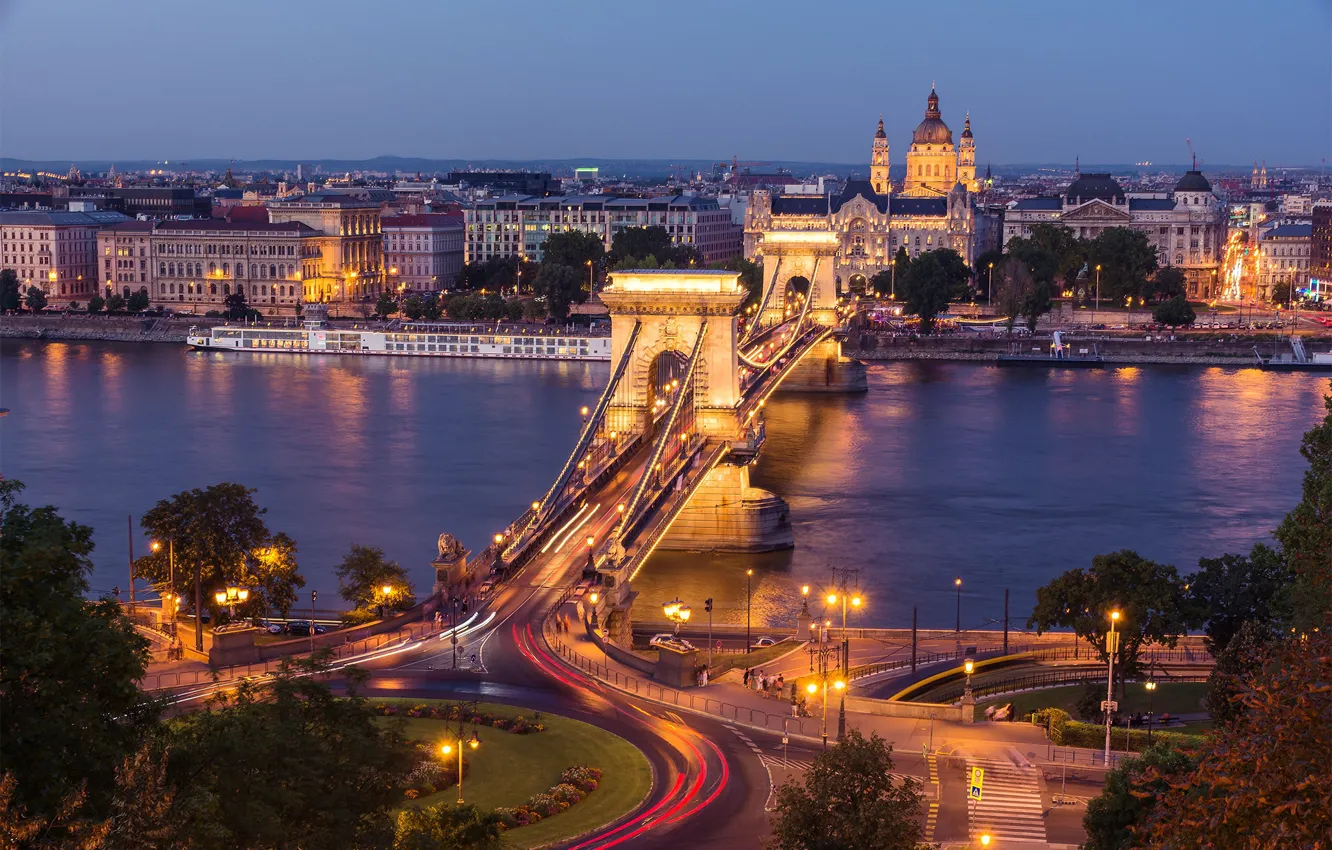 Photo wallpaper lights, the evening, Hungary, Budapest