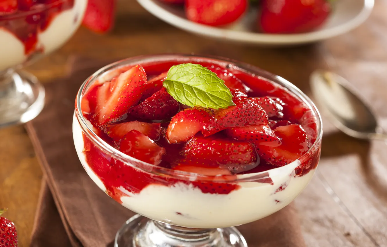Photo wallpaper berries, food, cream, strawberry, dessert, sweet, ramekin