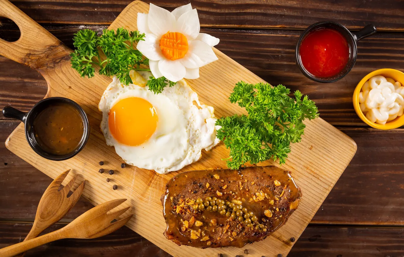 Photo wallpaper greens, flowers, Board, eggs, Breakfast, meat, sauce, steak