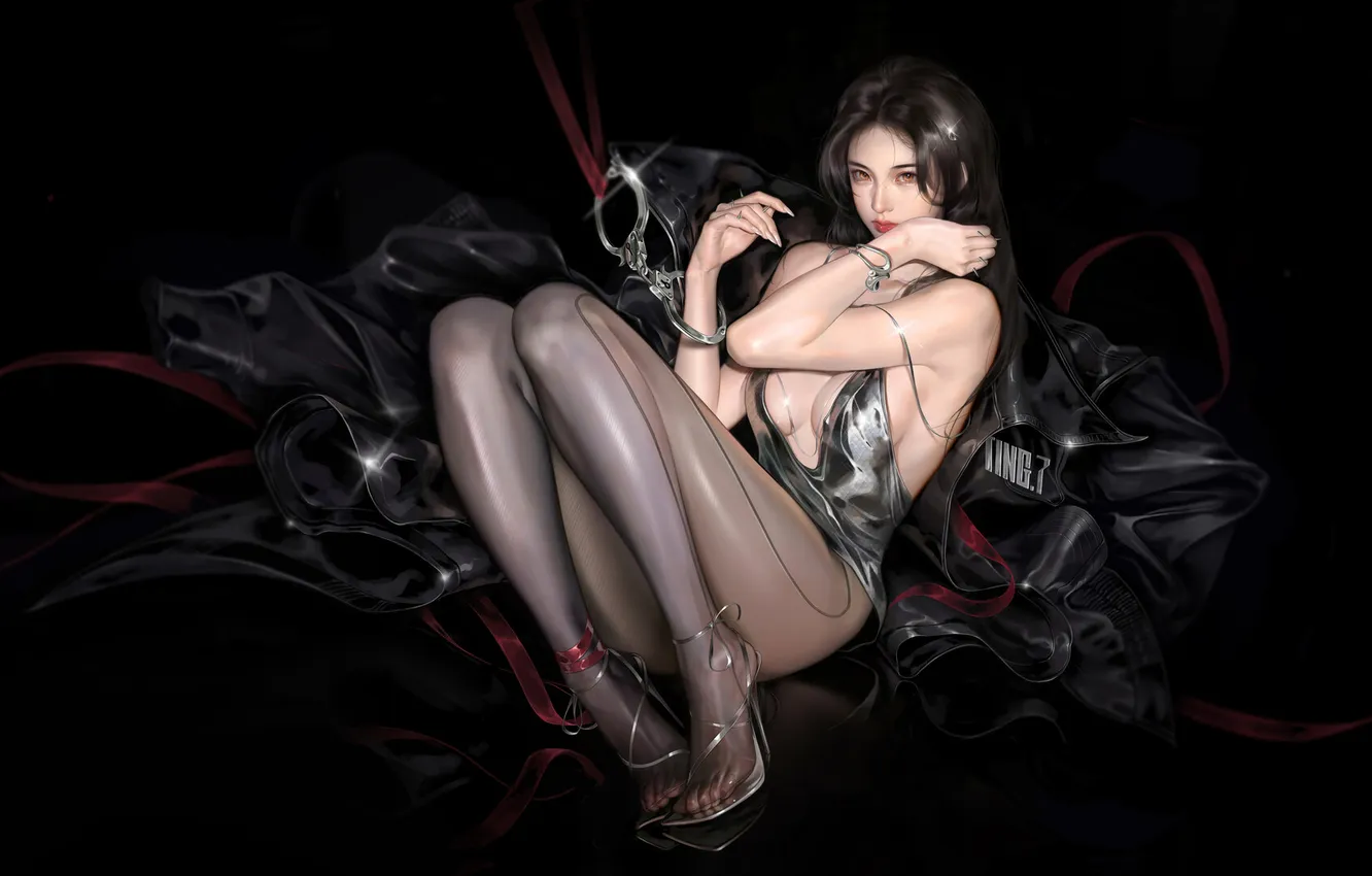 Photo wallpaper dress, legs, black background, drawing, sideboob, Zhongguo Duliu