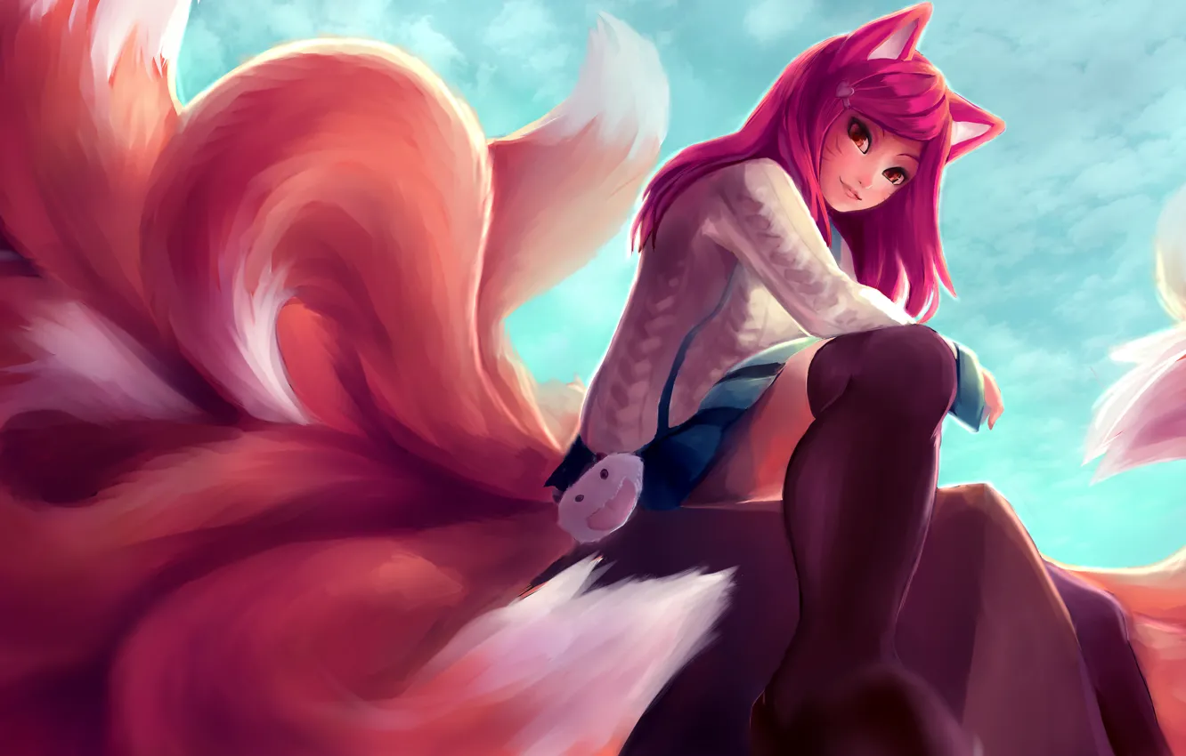 Photo wallpaper girl, smile, anime, art, ears, league of legends, tails, ahri