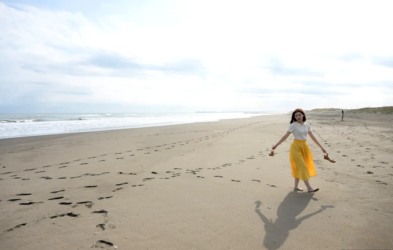 Photo wallpaper beach, woman, model, pretty, shore, asian, japanese, Long Shot