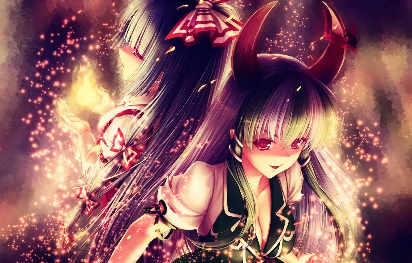 Photo wallpaper girl, lights, art, sparks, horns, touhou, Sayori, Fujiwara no Mokou
