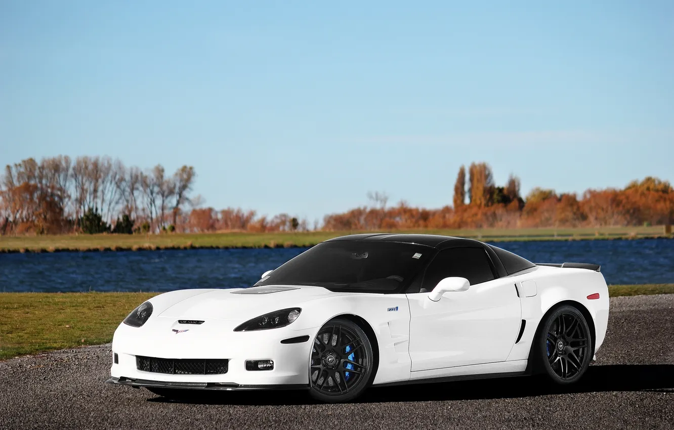 Photo wallpaper white, trees, lake, black, shadow, white, Chevrolet, drives