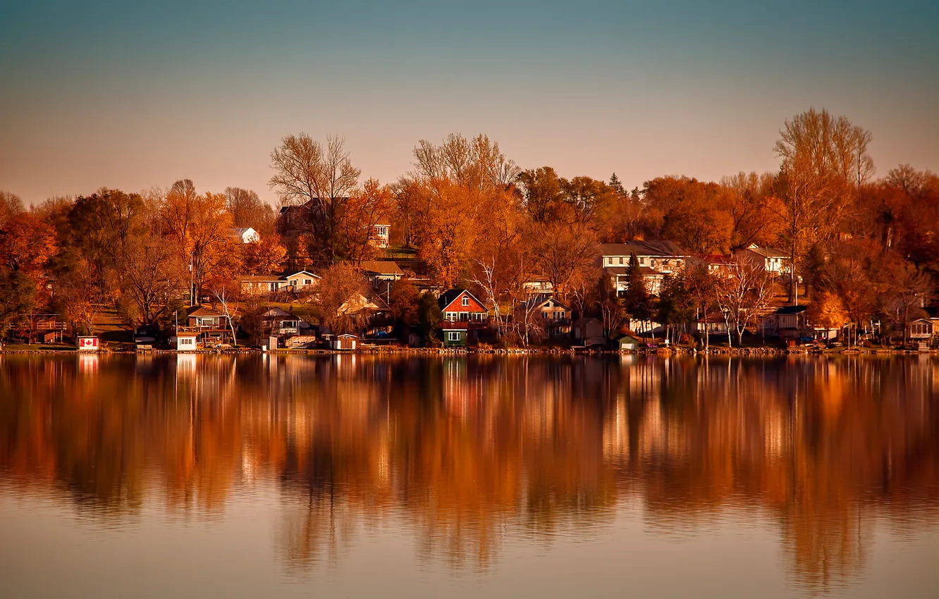 Photo wallpaper autumn, the sky, trees, lake, reflection, home, village, mirror