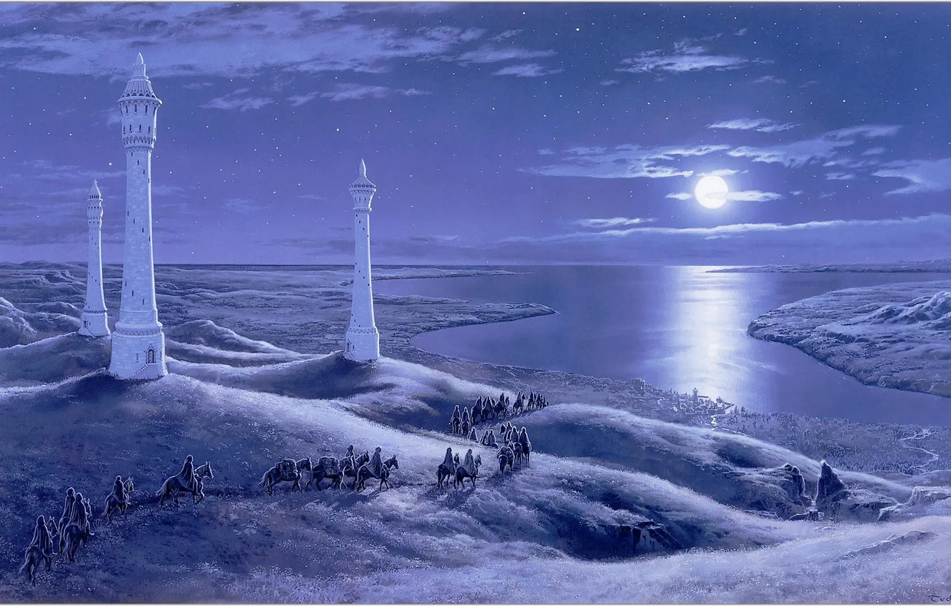 Photo wallpaper sea, landscape, night, horse, the moon, tower, traveler