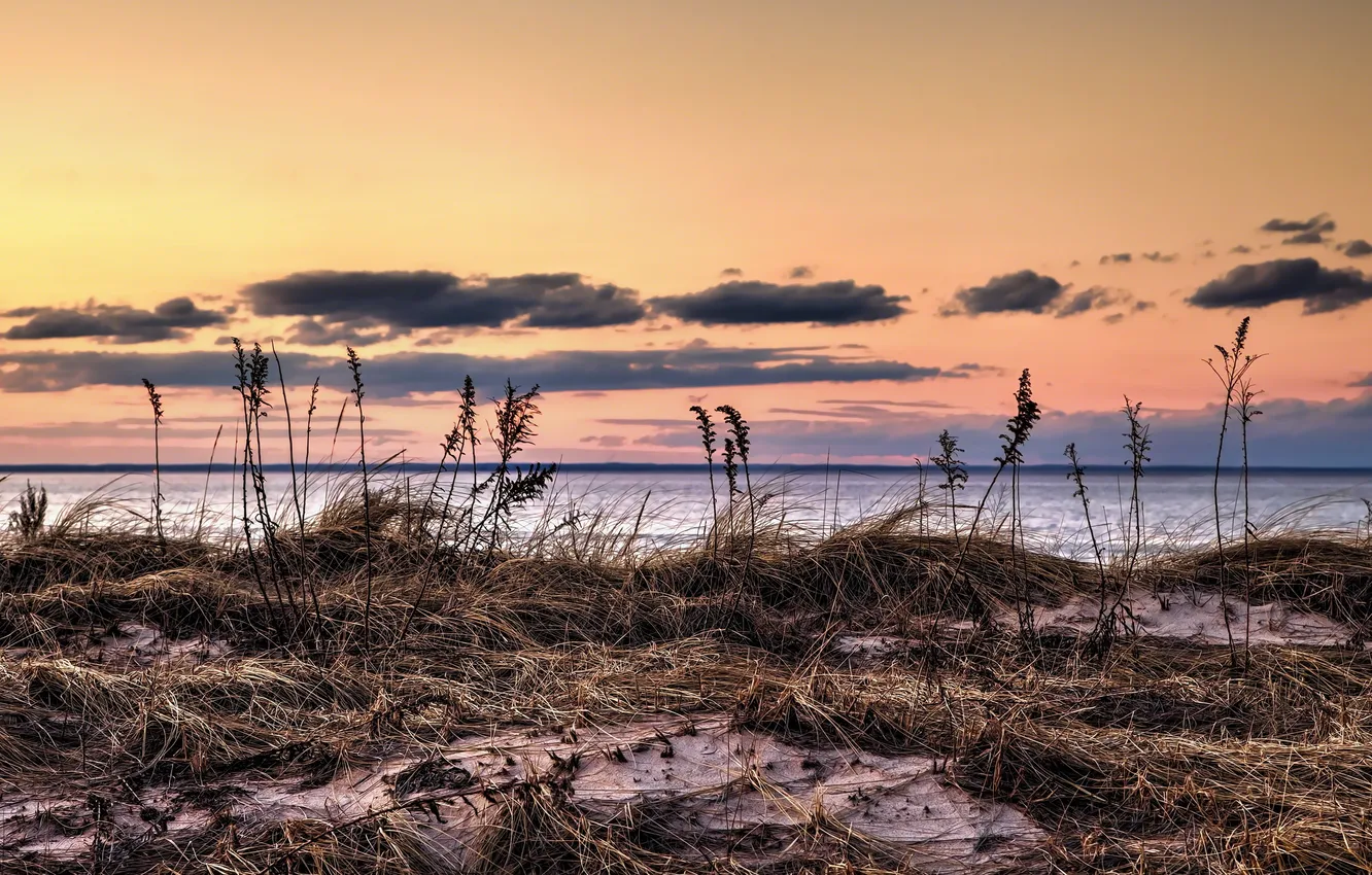 Photo wallpaper landscape, sunset, river, shore