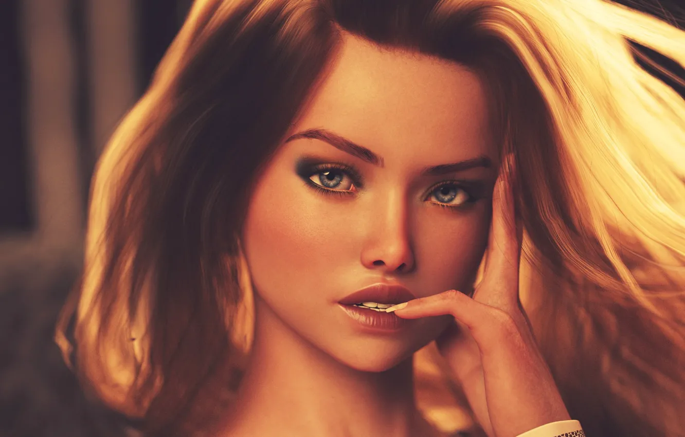 Photo wallpaper face, hair, portrait of a girl, 3D Graphics, a finger to his mouth, by Elyzian