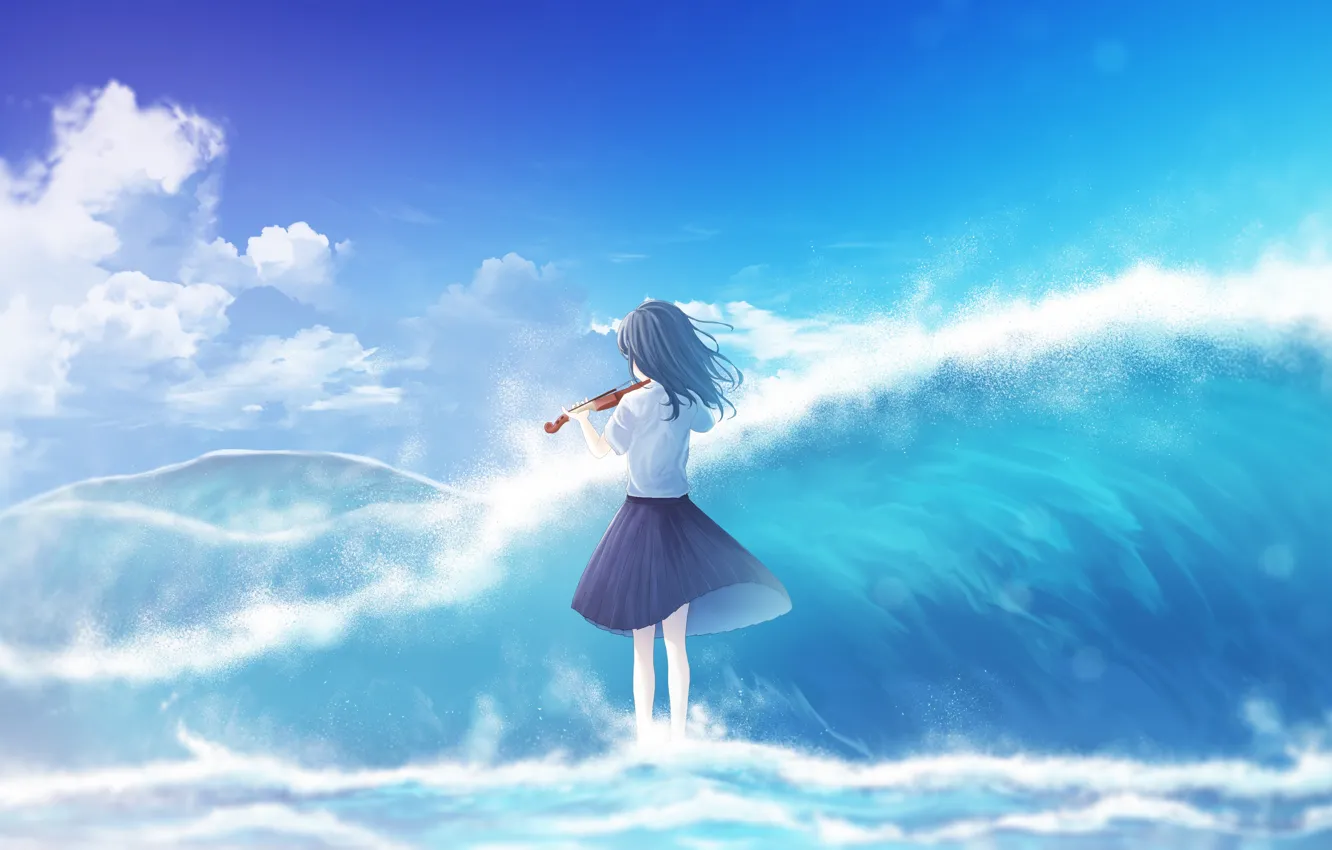 Photo wallpaper sea, the sky, girl, violin, wave, by furi