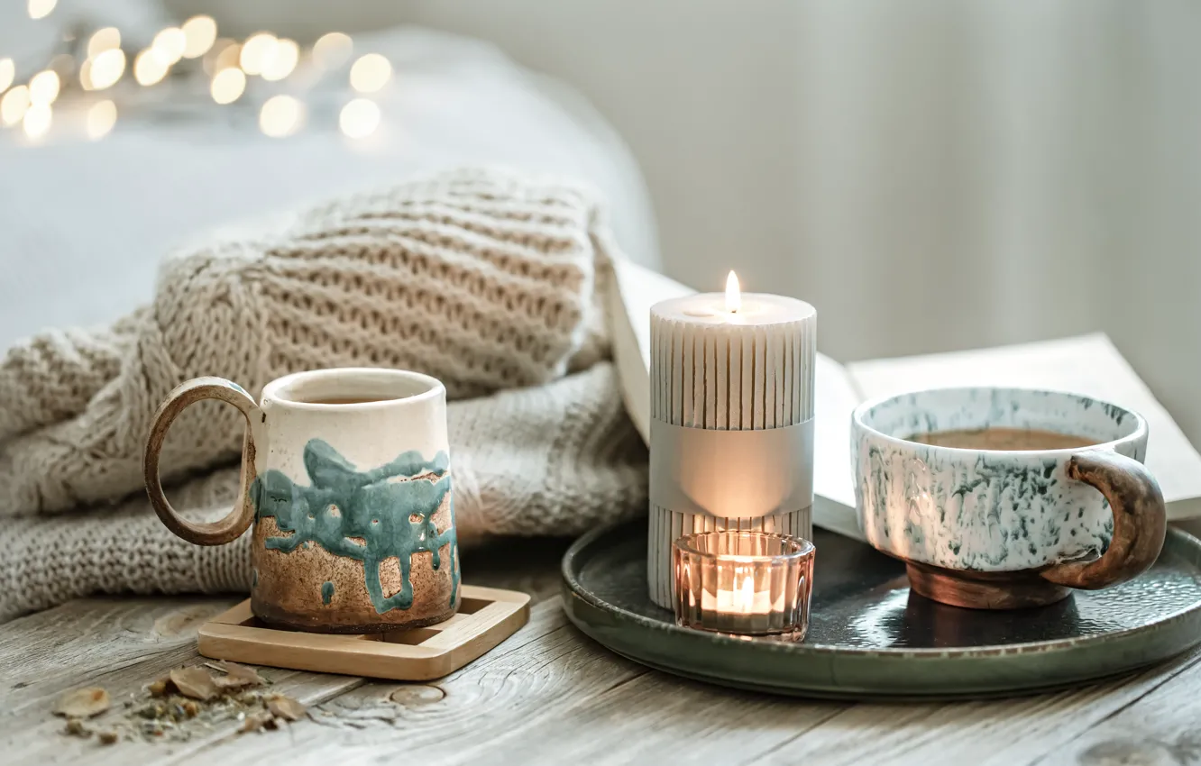 Photo wallpaper lights, comfort, flame, tea, Board, candles, mug, Cup