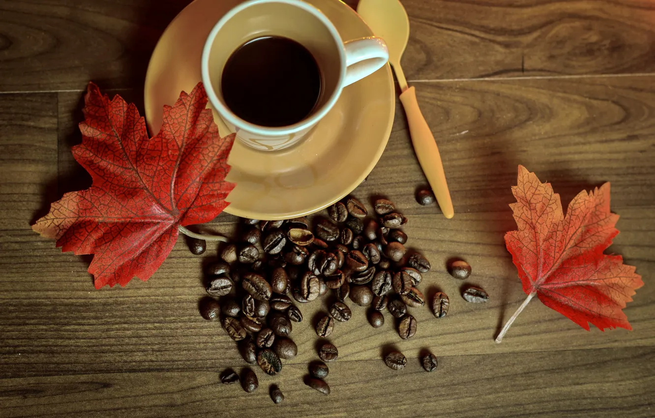 Photo wallpaper autumn, coffee, Cup, book, autumn, leaves, cup, beans