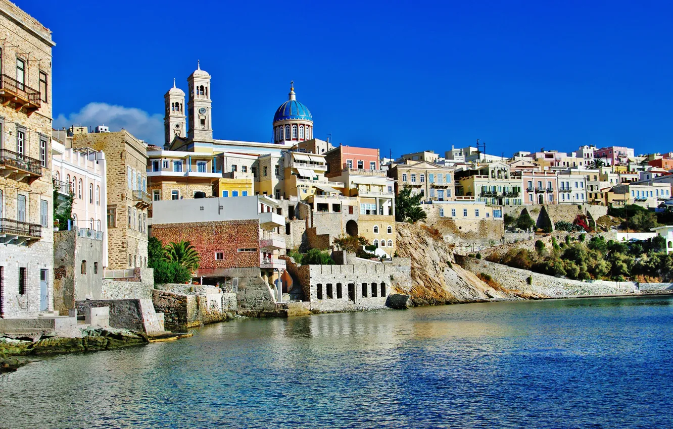 Photo wallpaper nature, coast, island, home, Greece, Greece, The Aegean sea, Syros