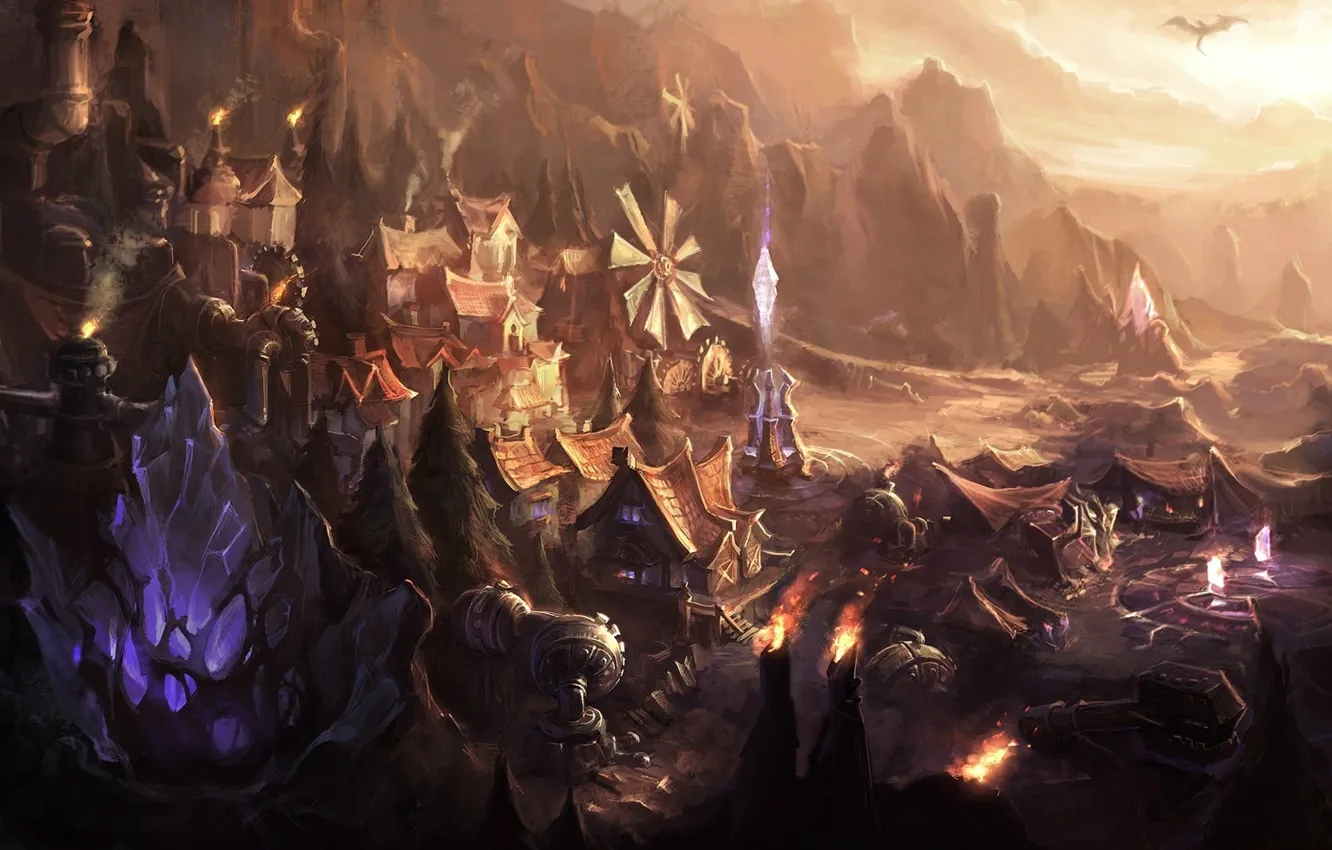 Photo wallpaper mountains, dragon, the game, art, gorge, dominion, league of legends