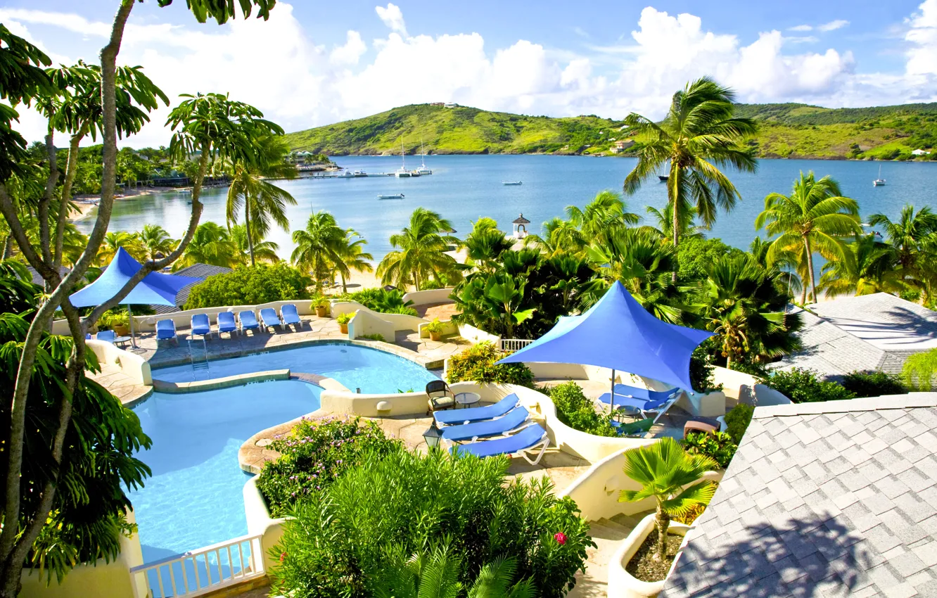 Photo wallpaper palm trees, the ocean, pool, resort, Caribbean, Caribbean, Antigua, St.James Club and Villas resort
