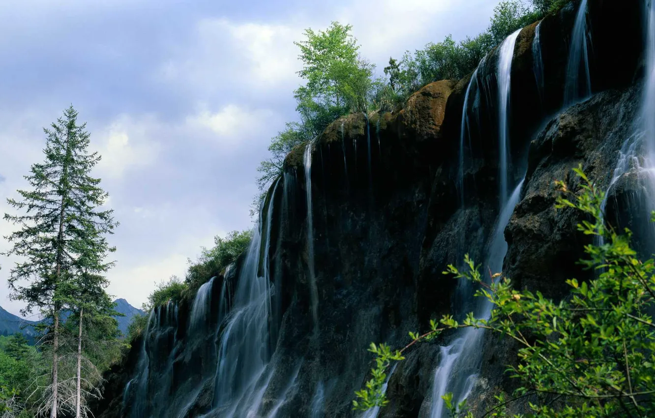 Photo wallpaper summer, trees, mountains, nature, rocks, waterfall