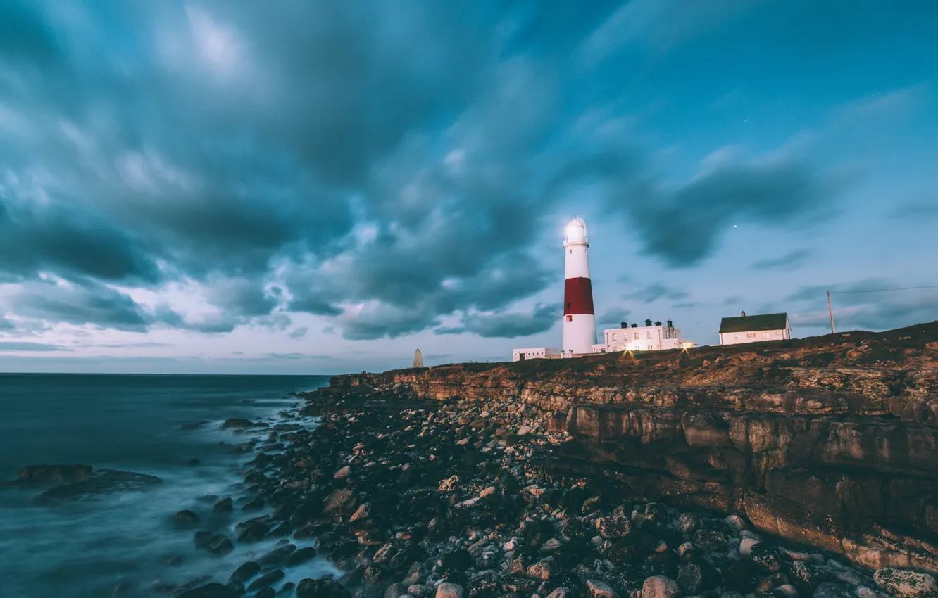 Photo wallpaper sea, the sky, clouds, clouds, stones, shore, lighthouse