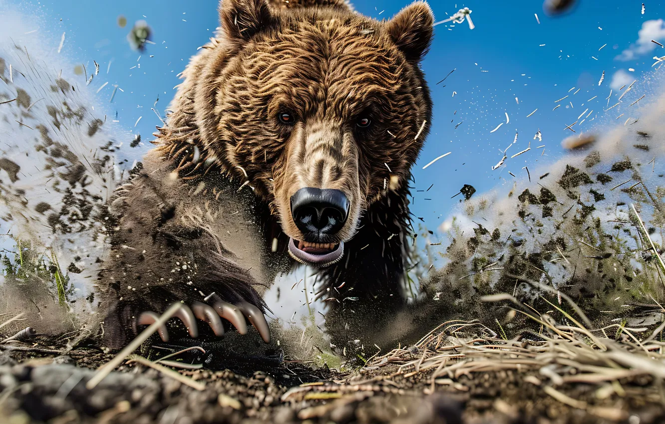 Photo wallpaper face, predator, paws, bear, claws, brown bear, digital art, AI art