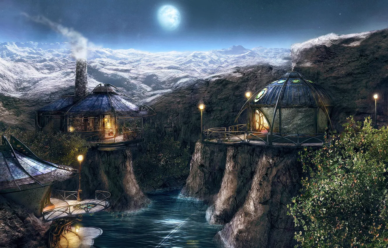 Photo wallpaper mountains, river, the moon, Village, Myst 4