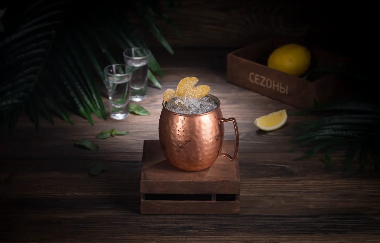 Photo wallpaper ice, lemon, mug, drink, wood, lemonade, citrus juice