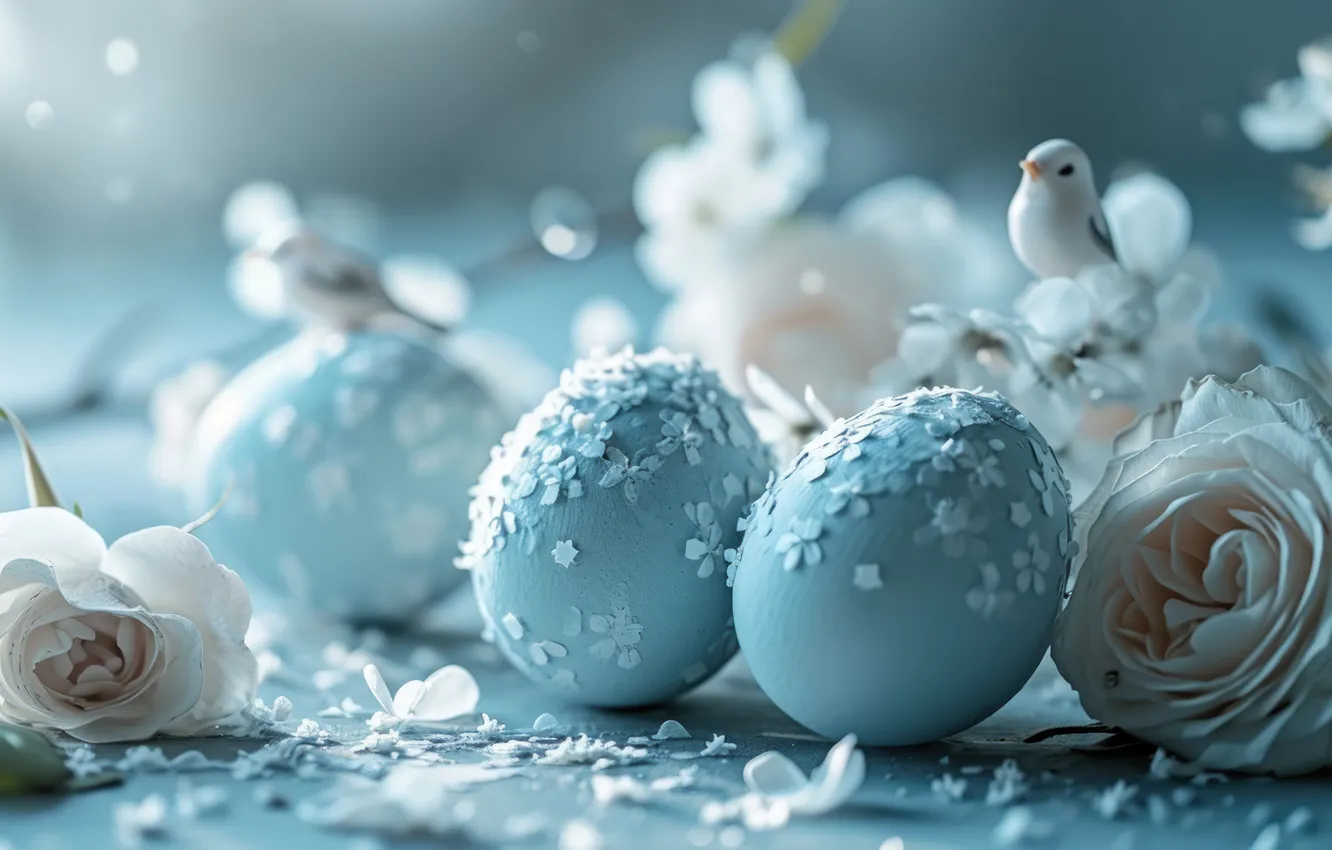 Photo wallpaper flowers, branches, holiday, roses, eggs, blue, Easter, white