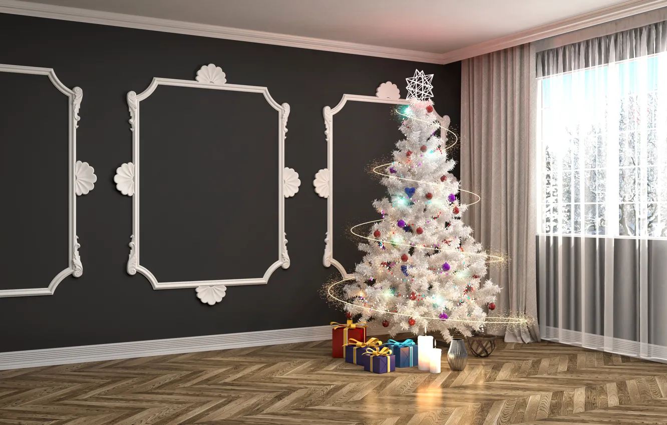Photo wallpaper New Year, Room, Tree, Holidays, Gifts, Garland