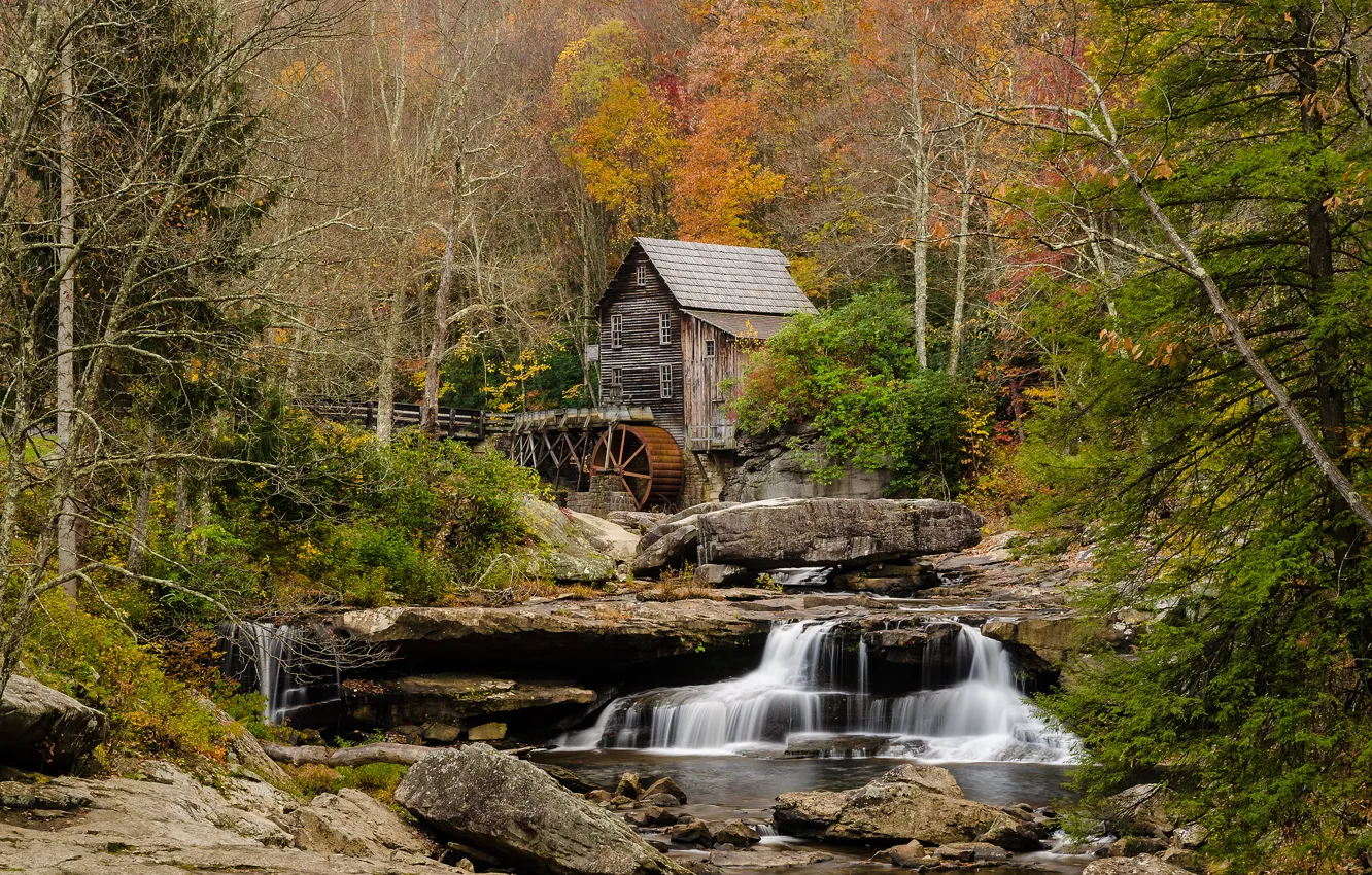 Photo wallpaper autumn, forest, nature, river, water mill, threads